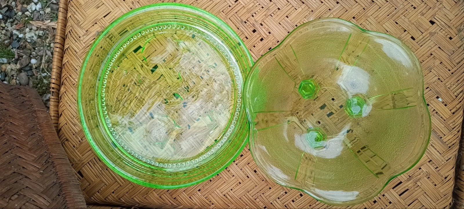 Vintage uranium glas schaal en bord set, Ophalen of Verzenden