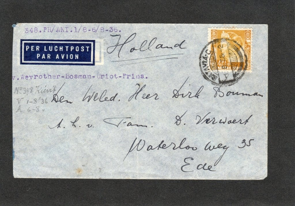 Luchtpost Ned. Indie / Batavia-C naar Ede 01-08-1936, Ophalen of Verzenden, Envelop