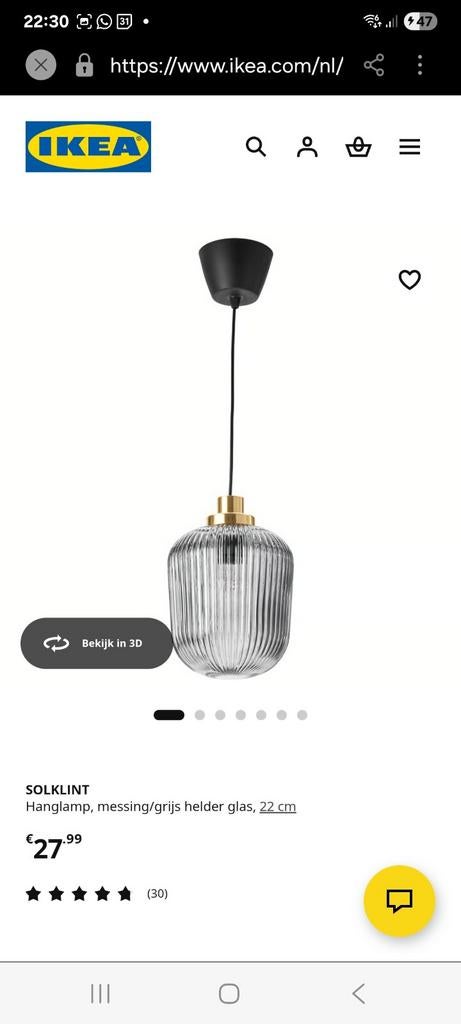 2x ikea solklint hanglamp, Ophalen of Verzenden, Zo goed als nieuw, Minder dan 50 cm