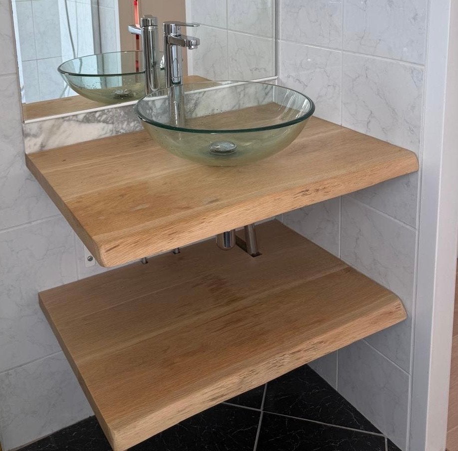 Wastafel van massief hout met glazen waskom, kraan en sifon, Ophalen, Gebruikt, Glas, Wastafel