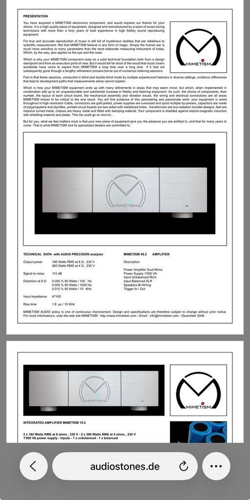 MIMETISM 45.2 Highend 2 Ch Stereo Power Amplifier, Ophalen, Gebruikt, 120 watt of meer, Overige merken