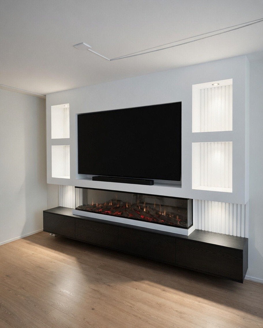 Moderne Cinewall met geïntegreerde sfeerhaard, 200 cm of meer, Ophalen of Verzenden, Zo goed als nieuw, 200 cm of meer
