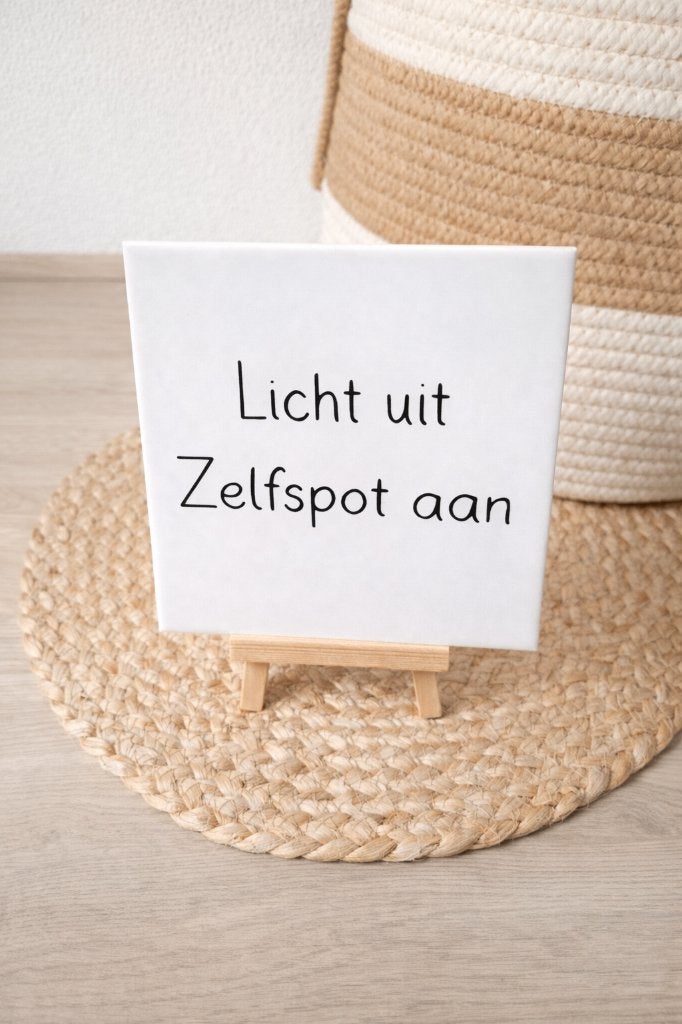 Tegel / tegeltje met tekst Licht uit, zelfspot aan, Handgemaakt, 15 cm, Nieuw, 15 cm