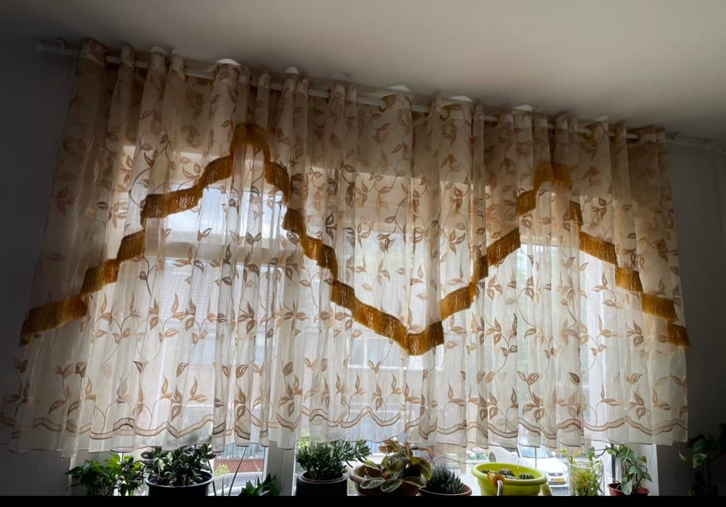 Transparante Gordijnen met Bladmotief en Gouden Rand, Huis en Inrichting, Stoffering | Gordijnen en Lamellen, Zo goed als nieuw