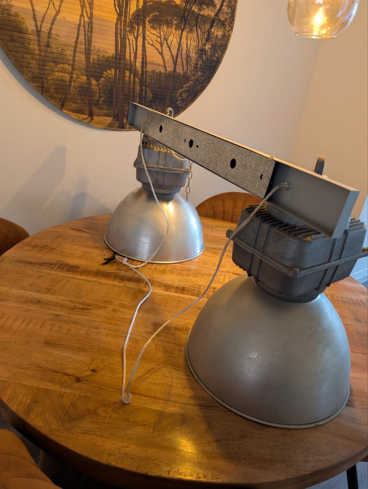 Industriële dubbele hanglamp - Vintage fabriekslampen, Huis en Inrichting, Lampen | Hanglampen, Ophalen, Gebruikt, E27 (groot)