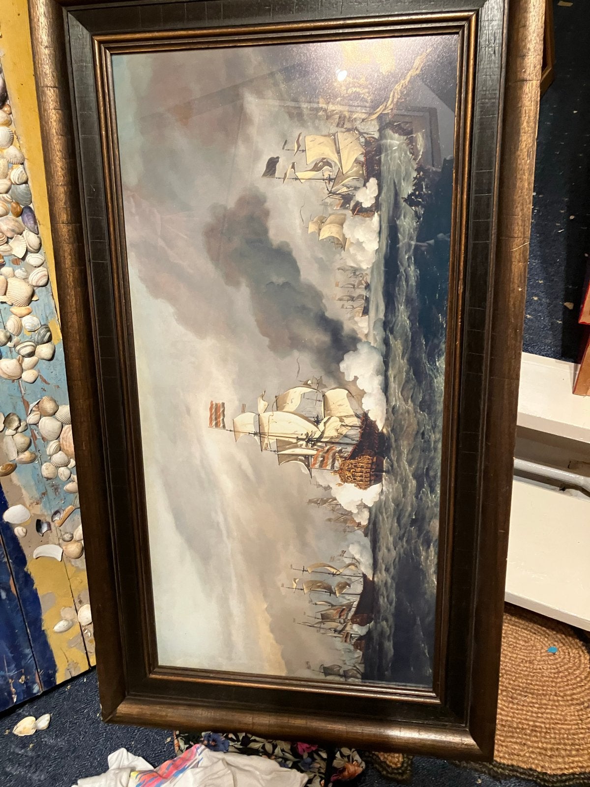 Poster Zeeslag met zeilschepen, Antiek en Kunst, Ophalen, Maritiem / water, Doek, Olieverf