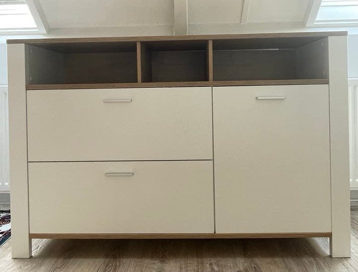 Commode met lades en opbergvakken - Wit/Houtlook, Ophalen, 70 cm of meer, Opstaande rand, 100 cm of meer