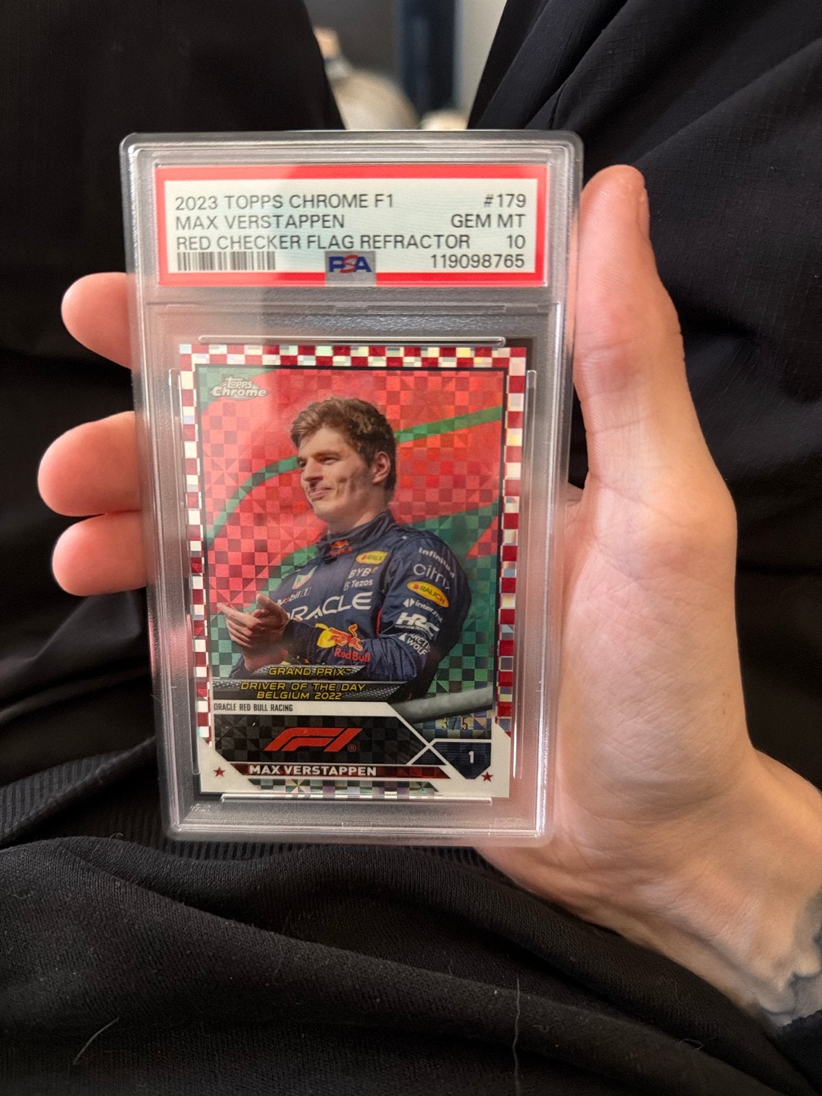 Max Verstappen Topps Chrome F1 Red Checker Flag Refractor PS, Ophalen of Verzenden, Zo goed als nieuw, Formule 1