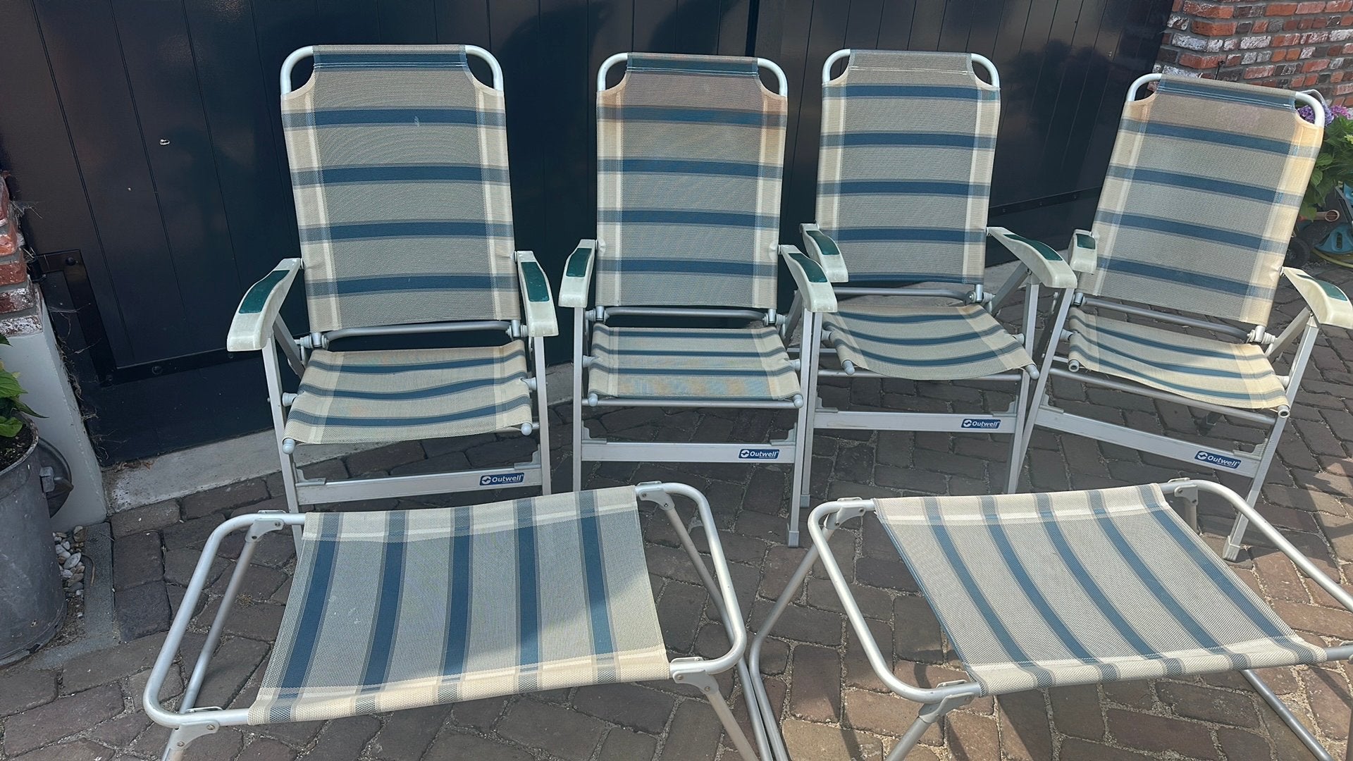 4 campingstoelen + 2 voetenbankjes, Ophalen, Gebruikt, Campingstoel