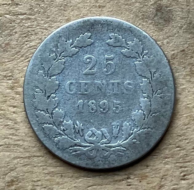 25 cent 1895 Schuin muntmeester teken Wilhelmina, Ophalen, Zilver, 25 cent, Koningin Wilhelmina