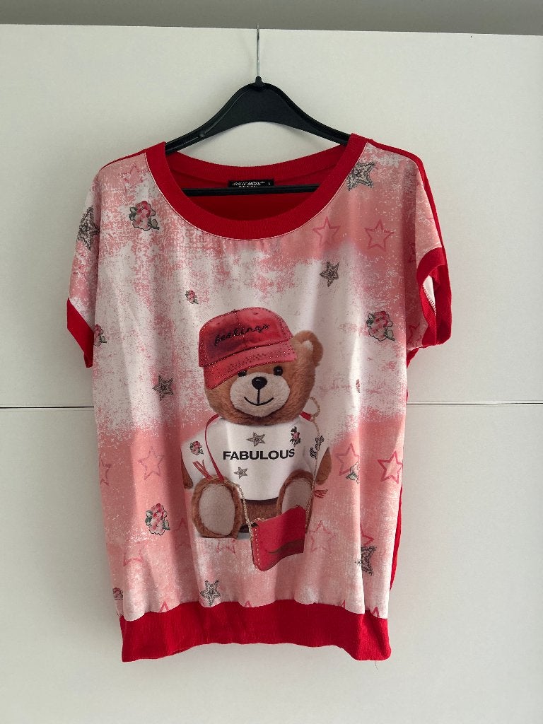 Julie Mode rode T-shirt met beer, Kleding | Dames, Julie Mode, Paars, Maat 42/44 (L), Ophalen of Verzenden