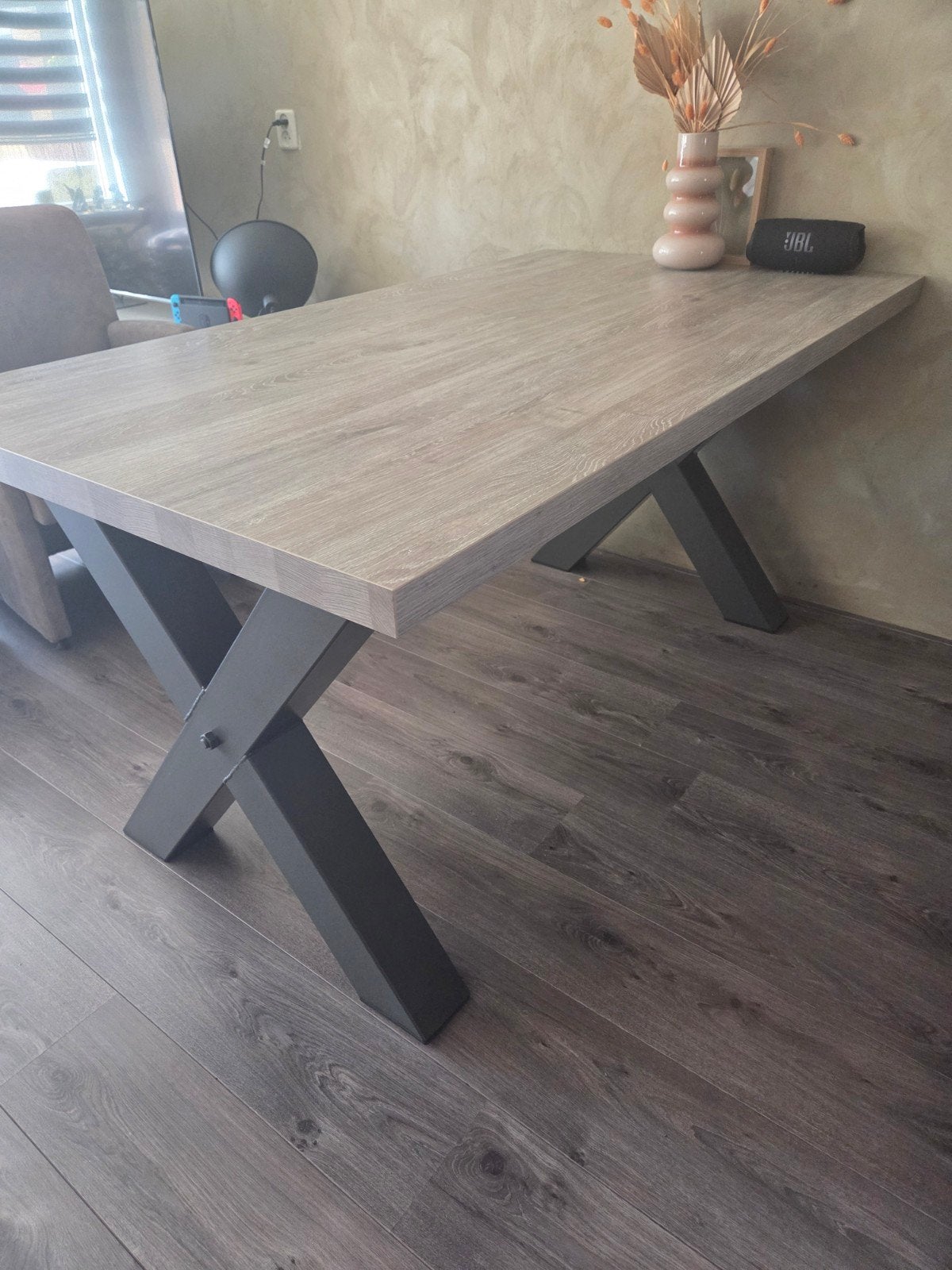 Elegante eettafel met X-poten 160 bij 90, Overige houtsoorten, Modern, Industrieel, Zo goed als nieuw, 150 tot 200 cm