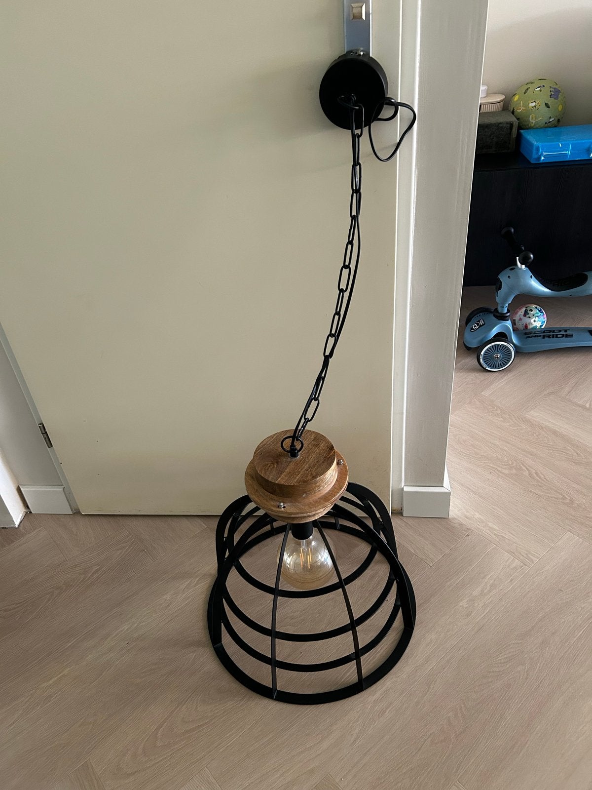 Loods 5 Hanglamp Zwart Metaal industrieel Hout Ø 50 cm, Ophalen, Zo goed als nieuw, Metaal, E27 (groot)
