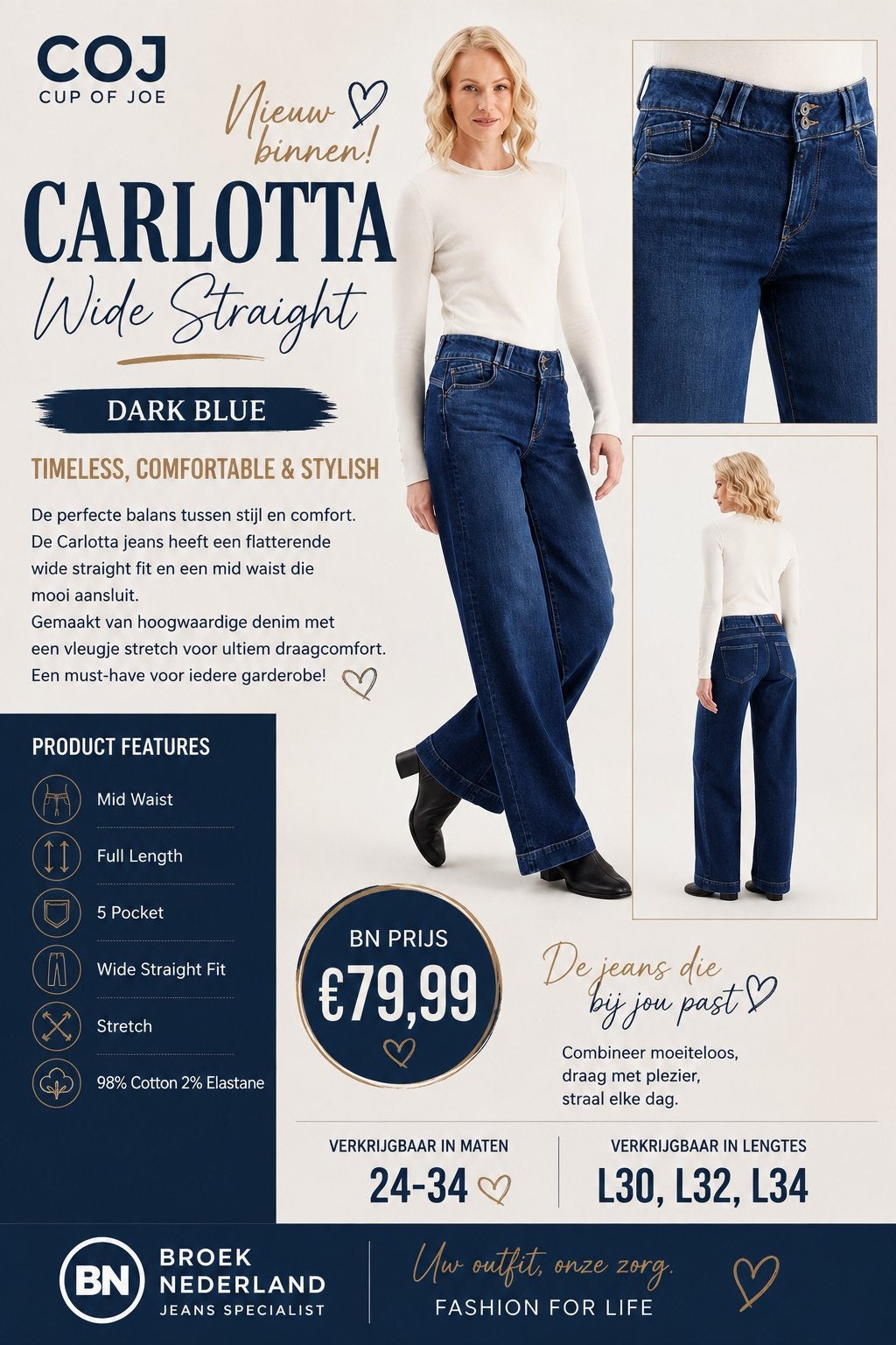 COJ Carlotta Wide Straight Jeans - Dark Blue, Blauw, Nieuw, Ophalen of Verzenden, Maat 34 (XS) of kleiner