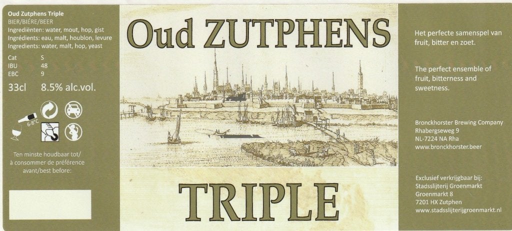 bieretiket Nederland Bronckhorster : Oud Zutphens triple, Verzamelen, Verzenden, Nieuw, Overige typen, Overige merken