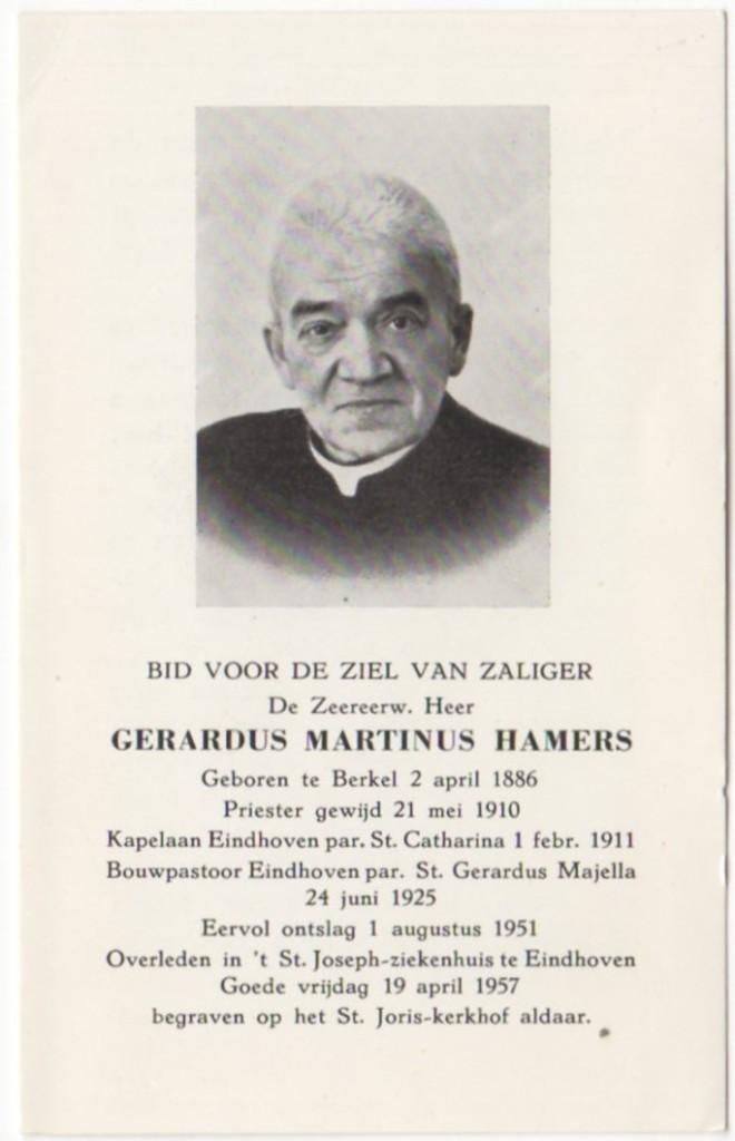 Pastoor Gerardus Hamers 1886 Berkel + 1957 Eindhoven, 71 jr, Verzenden