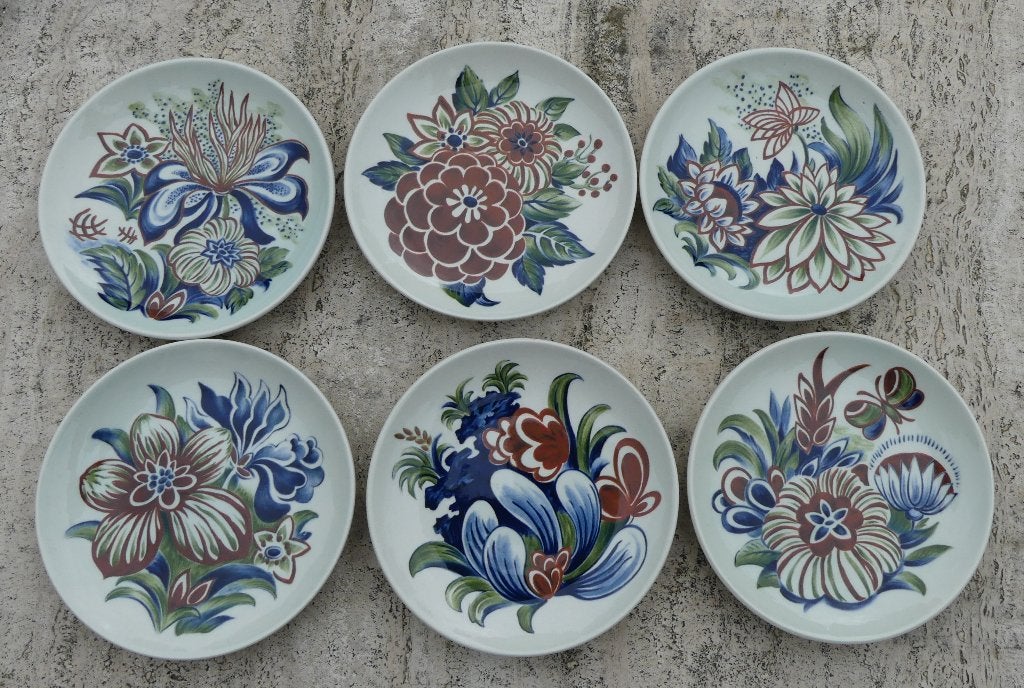 Boch Vieux Rhodes Handwork Vogel Vaas + Bord + 6 Onderzetter, Ophalen of Verzenden