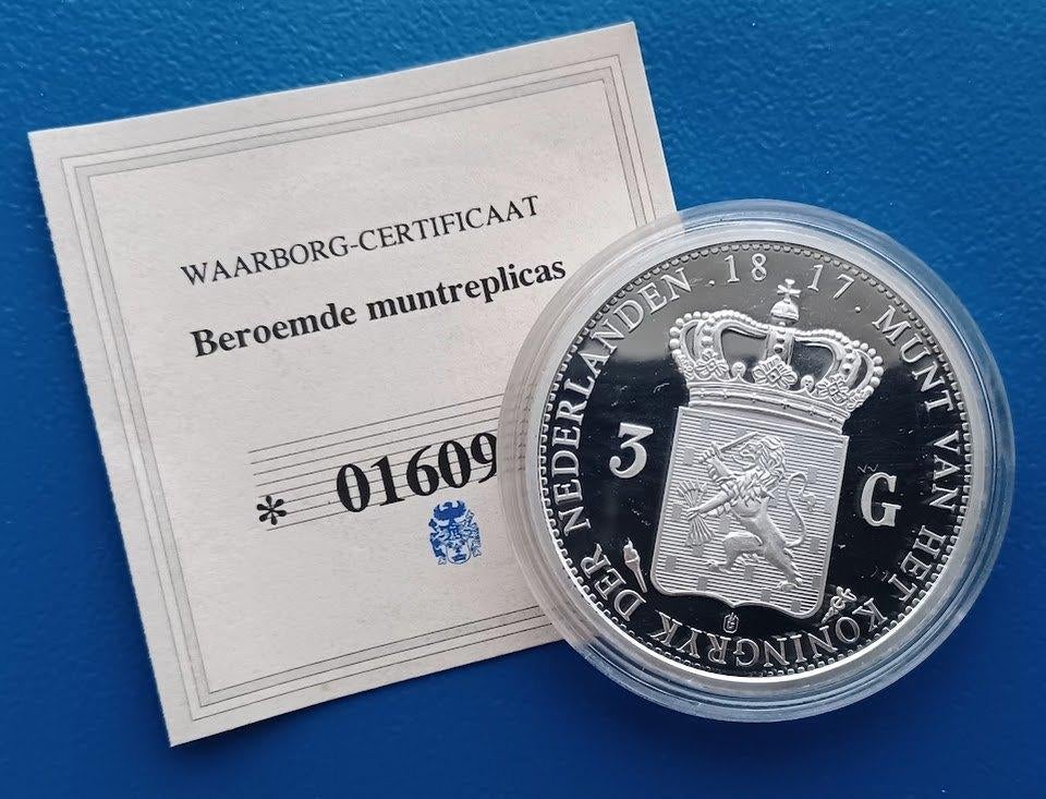 3 Gulden 1817 - replica Willem I Proof, Postzegels en Munten, Penningen en Medailles, Verzenden, Overige materialen, Nederland