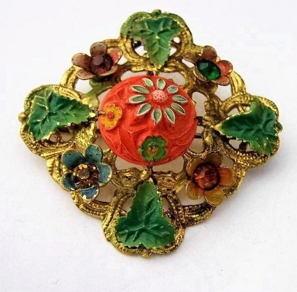 Antieke Tsjechische broche met emaille en strass, verguld, Ophalen, Overige materialen, Broche, Verguld