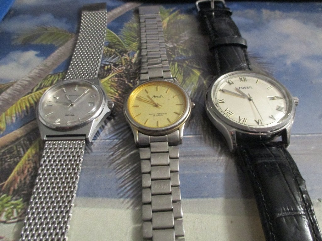 3 werkende vintage horloges/prisma/ascot/fossil/quartz/datum, Overige merken, Staal, Polshorloge, Met bandje