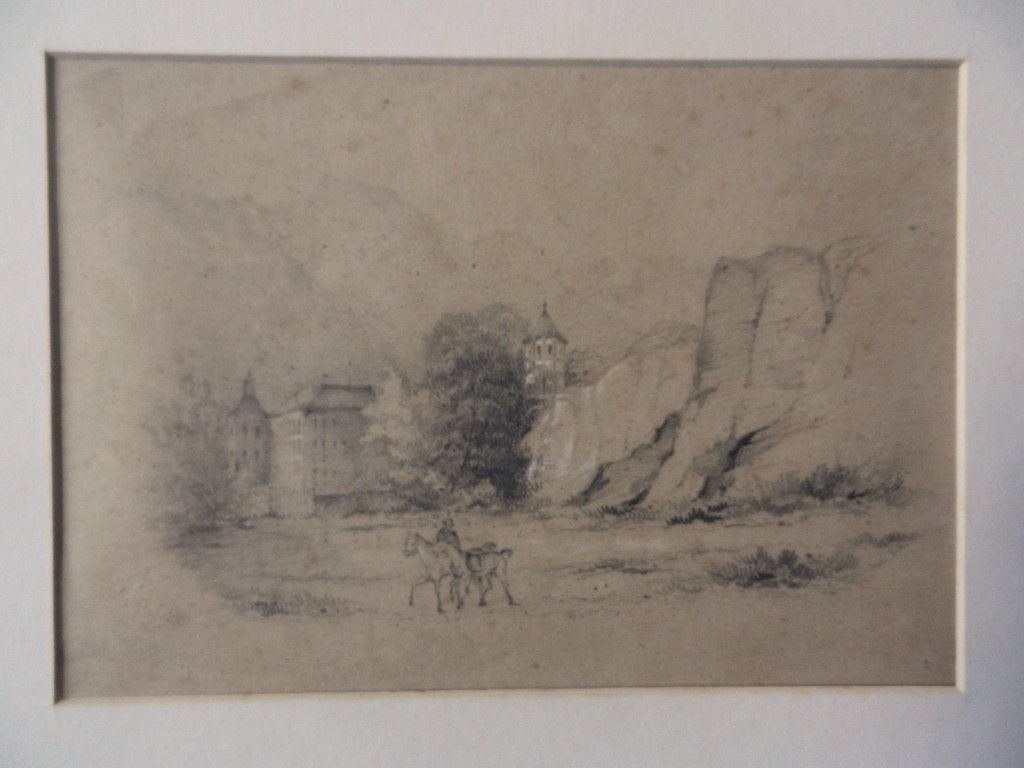 Tekening Berglandschap met kasteel en ruiter ongesign c 1860, Ophalen of Verzenden, Tekening, Potloodtekening, Handgemaakt