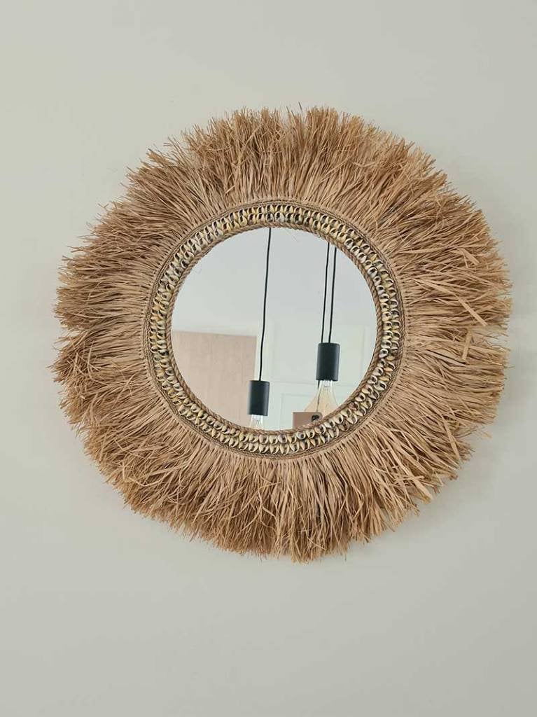 Ronde wandspiegel raffia Melati uit Bali, Huis en Inrichting, Minder dan 50 cm, Rond, Ophalen of Verzenden, Minder dan 100 cm