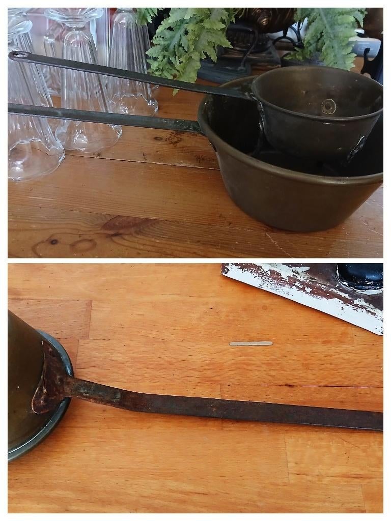 Antiek koper pan lange steel pannetje pootjes, Ophalen of Verzenden, Koper