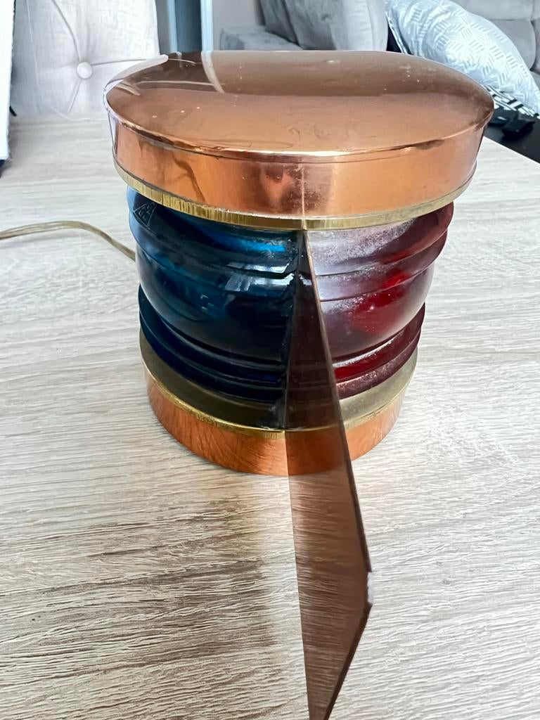 Vintage Koperen Scheepslamp met Gekleurd Glas, Antiek en Kunst, Ophalen of Verzenden