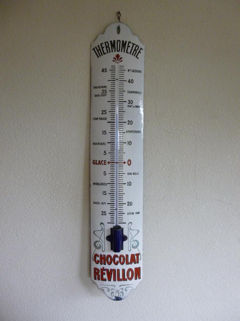 EMAILLE RECLAME THERMOMETER"CHOCOLAT REVILLON"UIT JAREN 30, Ophalen of Verzenden, Zo goed als nieuw, Reclamebord