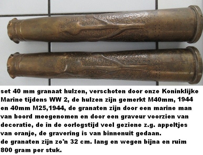 2 x 40 mm. granaathulzen, KON. MARINE, USA productie 1944, Verzamelen, Ophalen of Verzenden, Marine, Nederland, Hulzen of Bodemvondsten