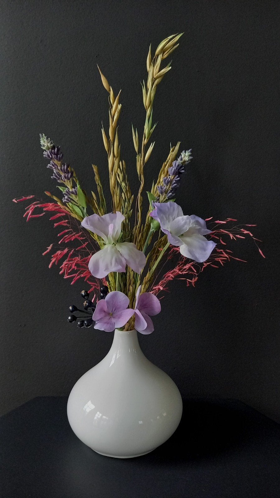 Kunst- en Droogbloemen gebonden boeket met witte vaas H37 cm, Ophalen of Verzenden, Nieuw