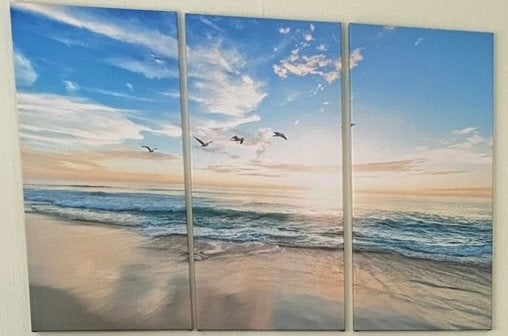 Drieluik op het strand met opgaande zon en zeemeeuwen, Doek, Realistisch, Overige technieken, Ophalen of Verzenden