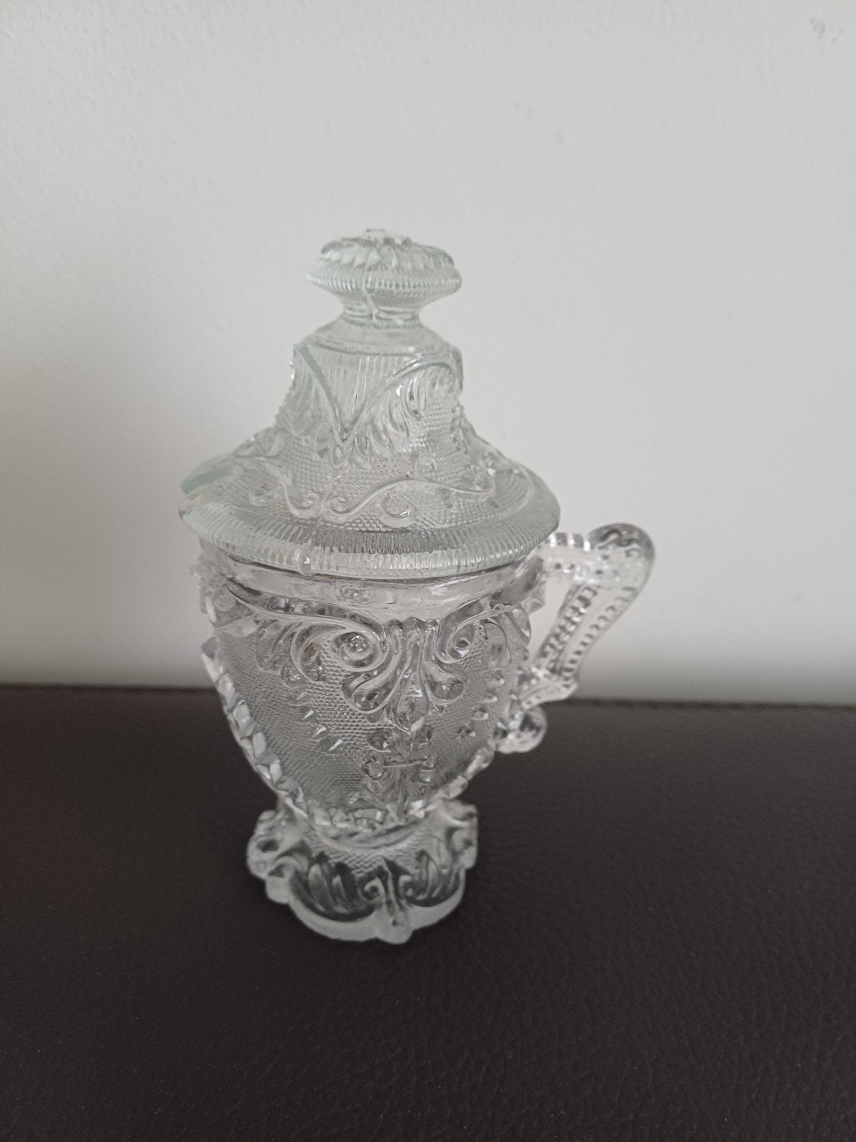 Antieke persglazen mosterdpot met deksel, Ophalen of Verzenden