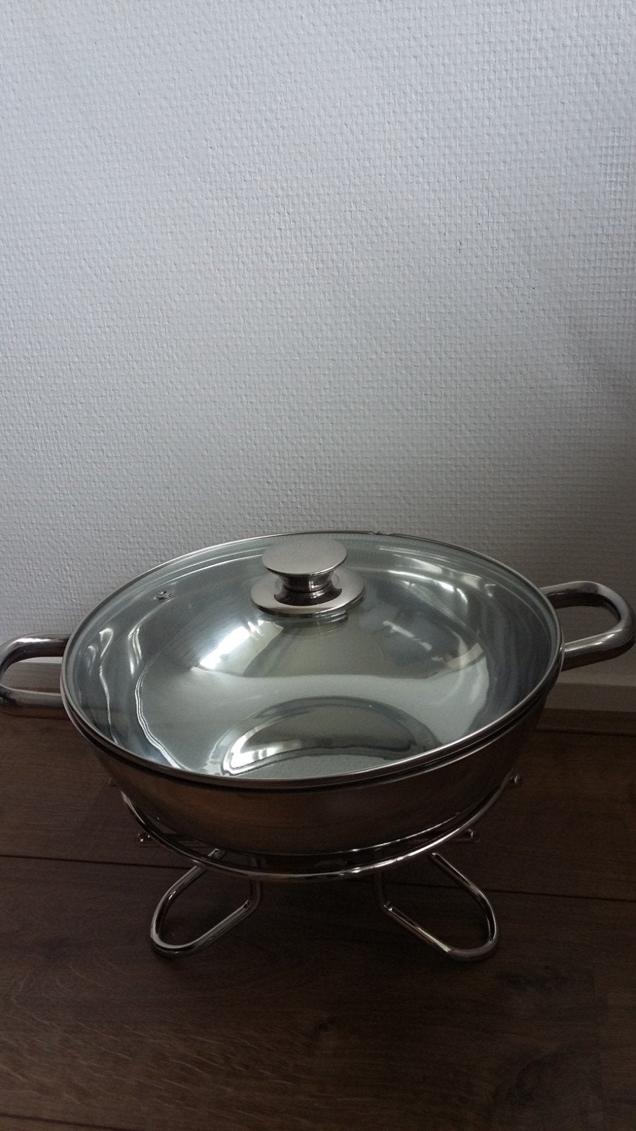 Nieuwe wokpan met glazen deksel en warmhouder, Ophalen of Verzenden, Nieuw, Wok