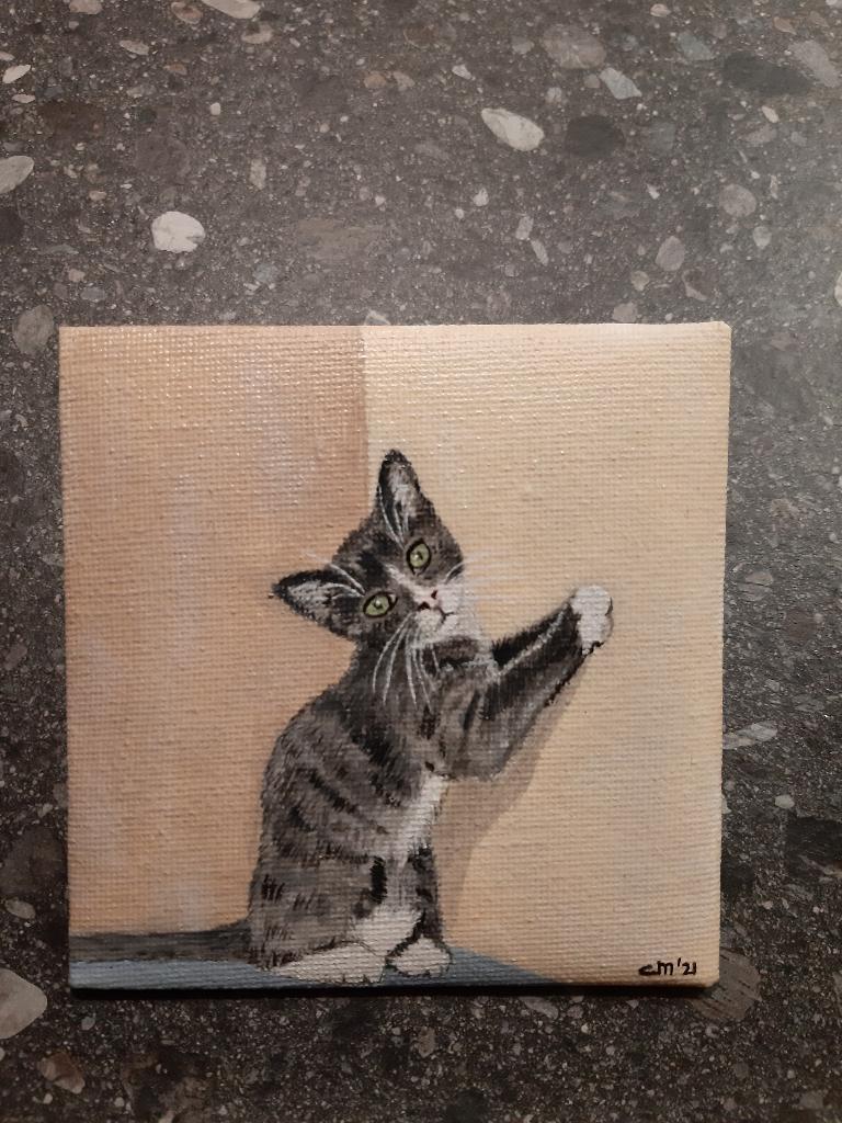 Mini schilderijtje Kat ( 10 x 10 cm ), Ophalen, Minder dan 50 cm, Oorspronkelijke maker, Nieuw