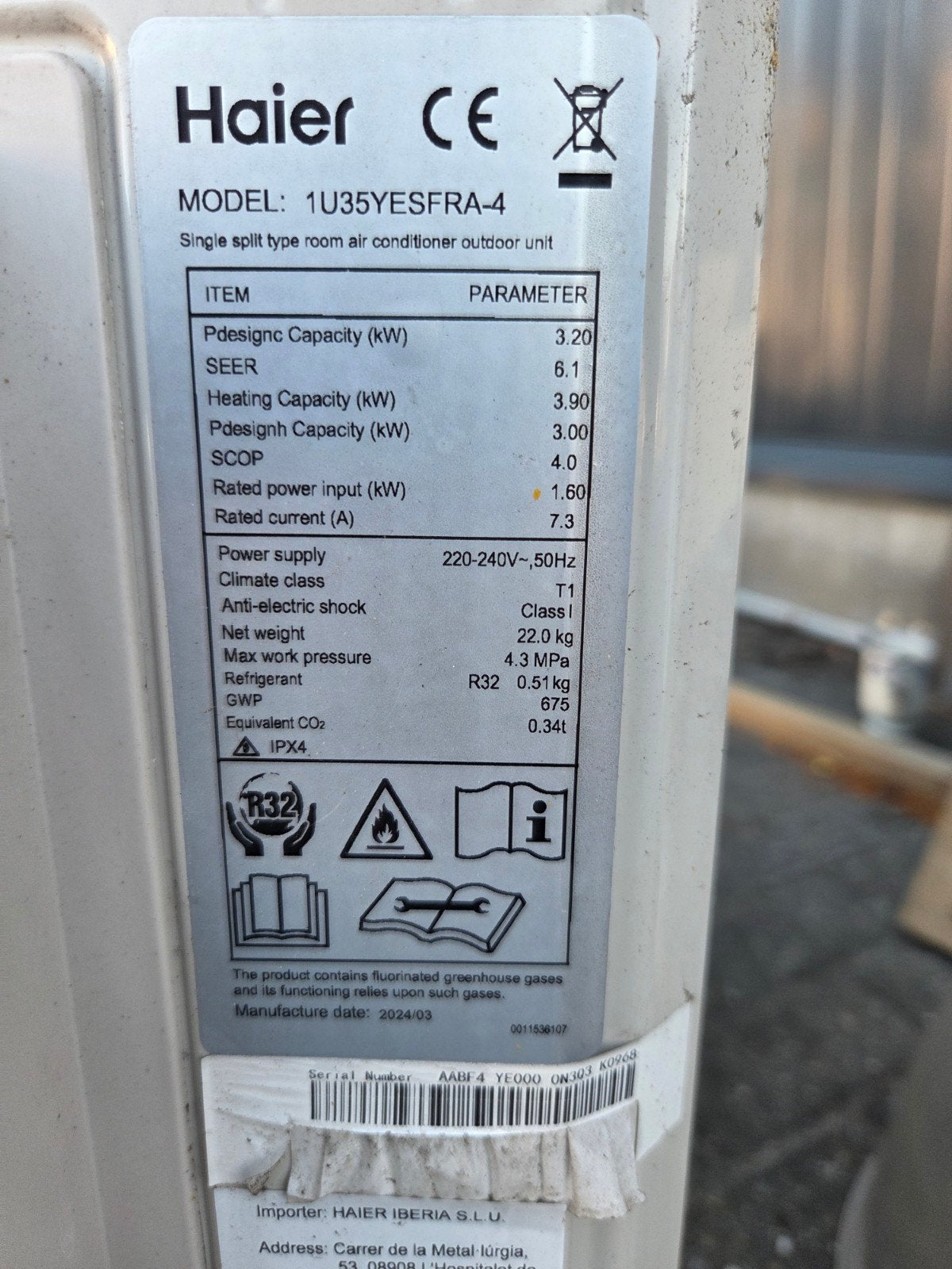 Haier 1U35YESFRA-4 Wandairco 1jaar oud, Koelen en Ontvochtigen, Minder dan 60 m³, Energieklasse A of zuiniger, Nieuw