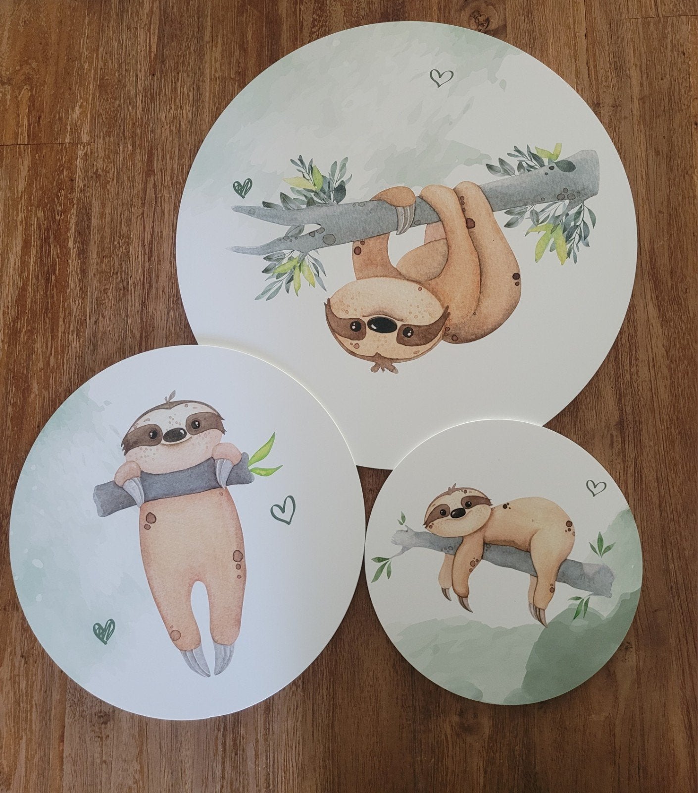 Set van 3 luiaard wandcirkels voor kinderkamer, Gebruikt, Hout, Meerkleurig, Ophalen of Verzenden