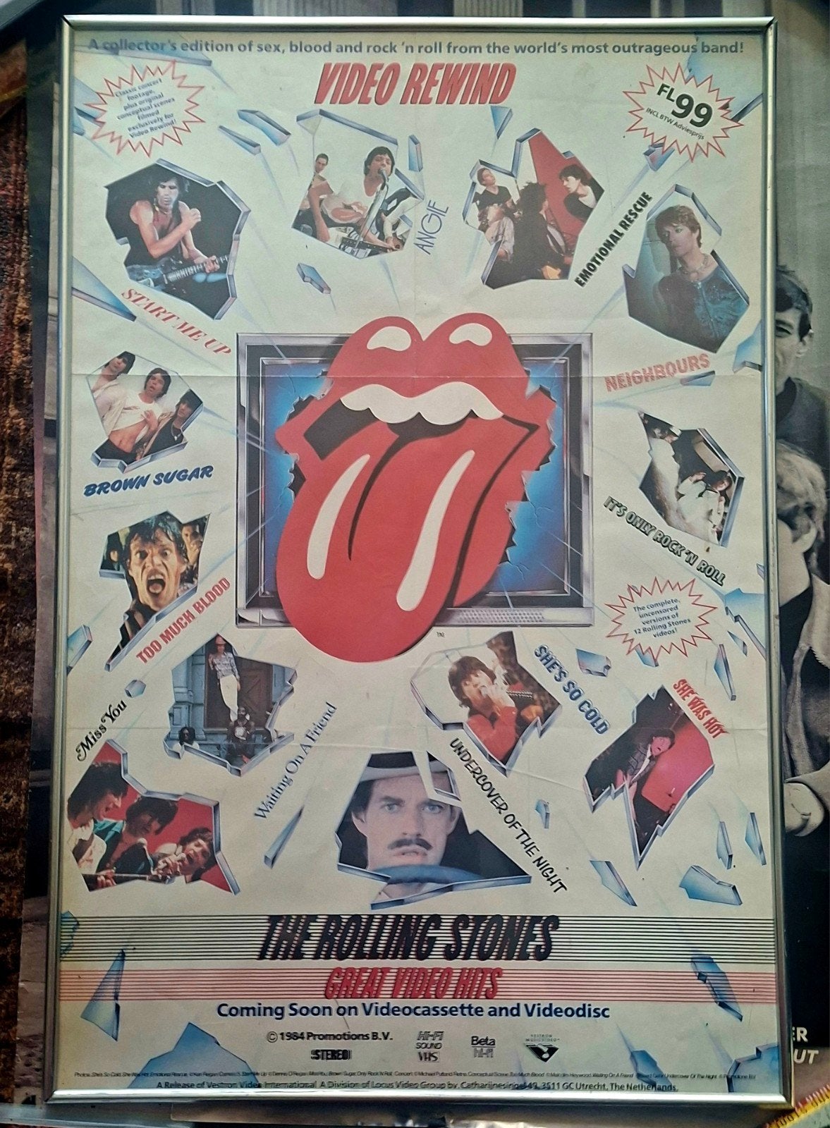 Vintage The Rolling Stones Video Rewind Poster, Verzamelen, Met lijst, Ophalen of Verzenden, A1 t/m A3, Muziek