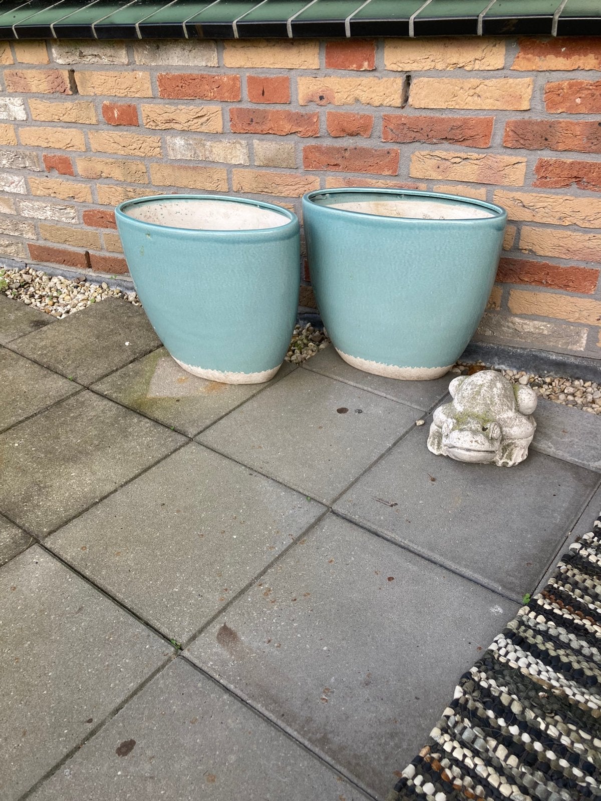 2 blauwgroene potten steen voor binnen, Tuin en Terras, Ophalen, Steen, Minder dan 30 cm, Rond