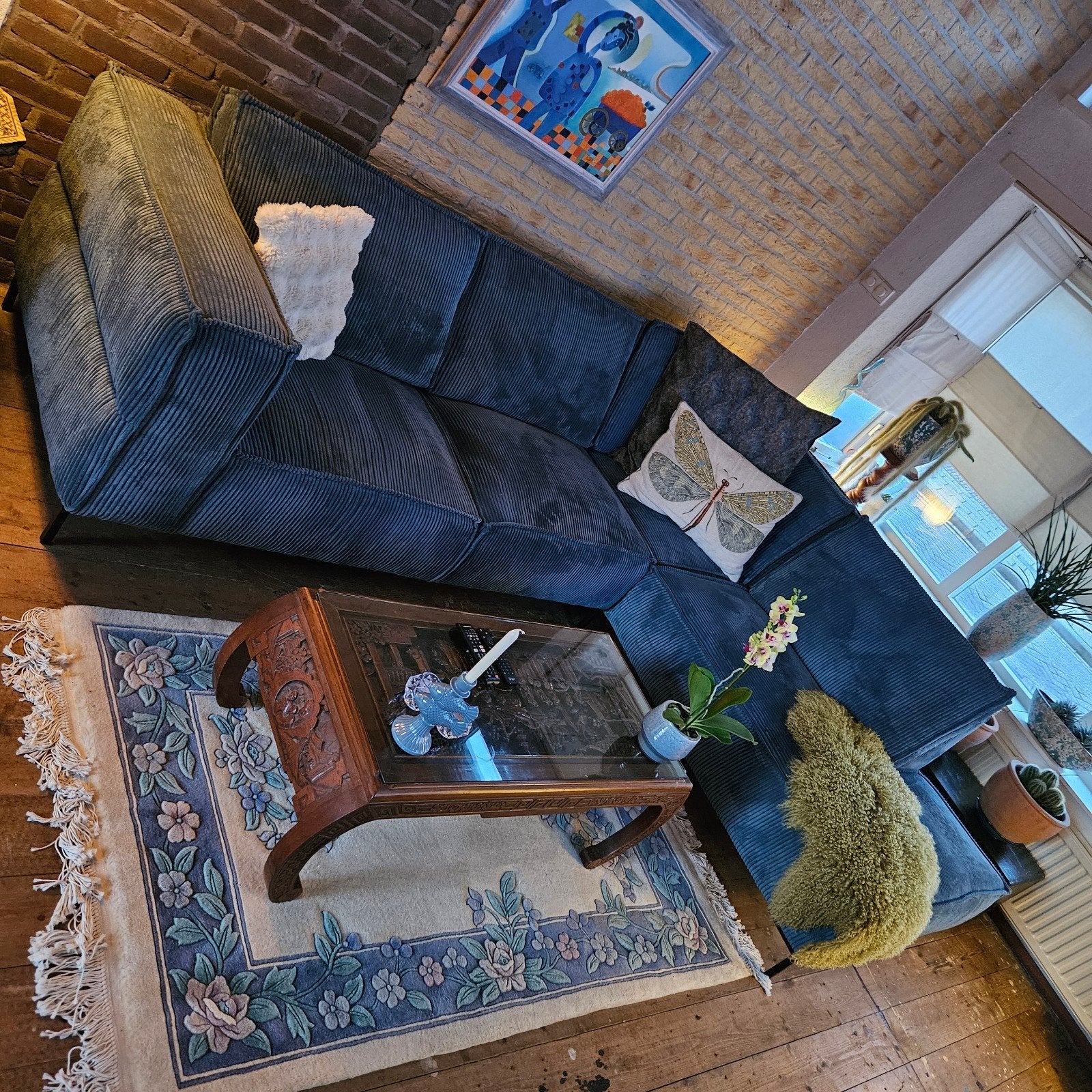 Denim blauwe rib hoekbank, Ophalen, Zo goed als nieuw, Overige materialen, Ribfluweel blauw