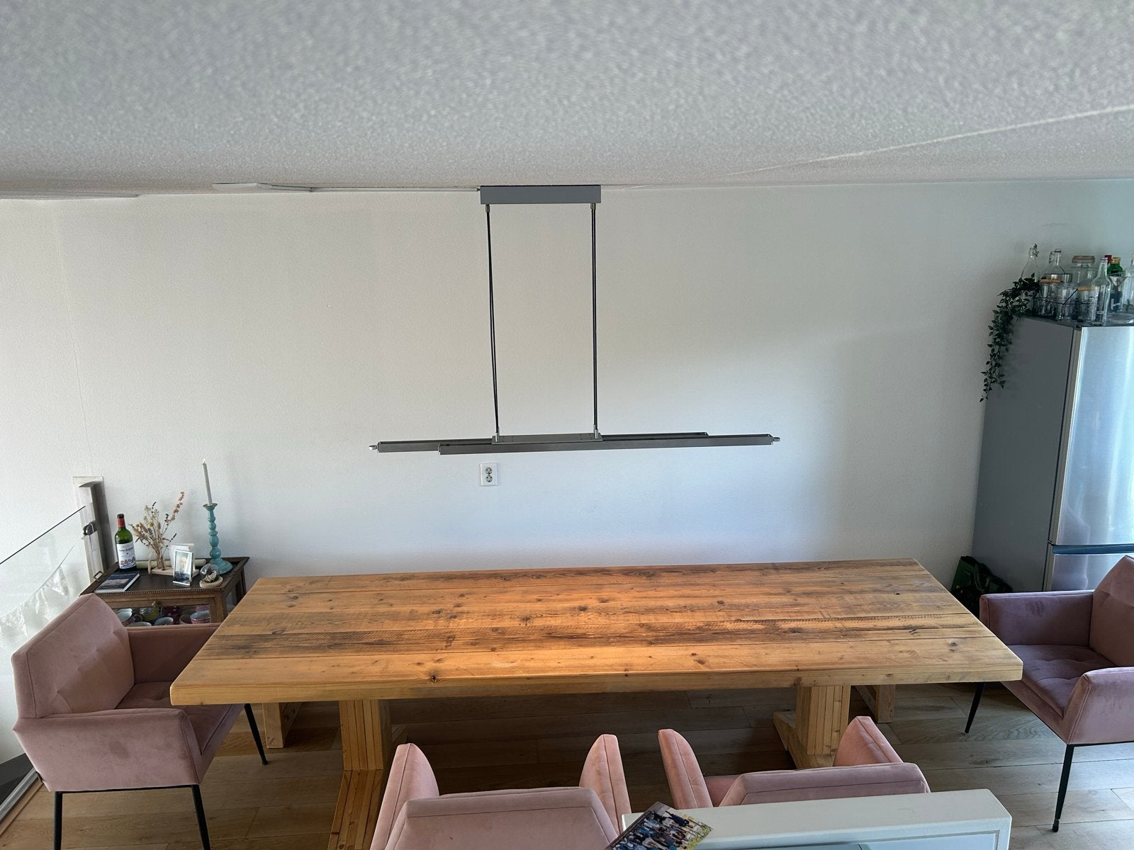 Robuuste houten eettafel met bank en stoelen, Ophalen, Oud, robuust, Gebruikt, 200 cm of meer