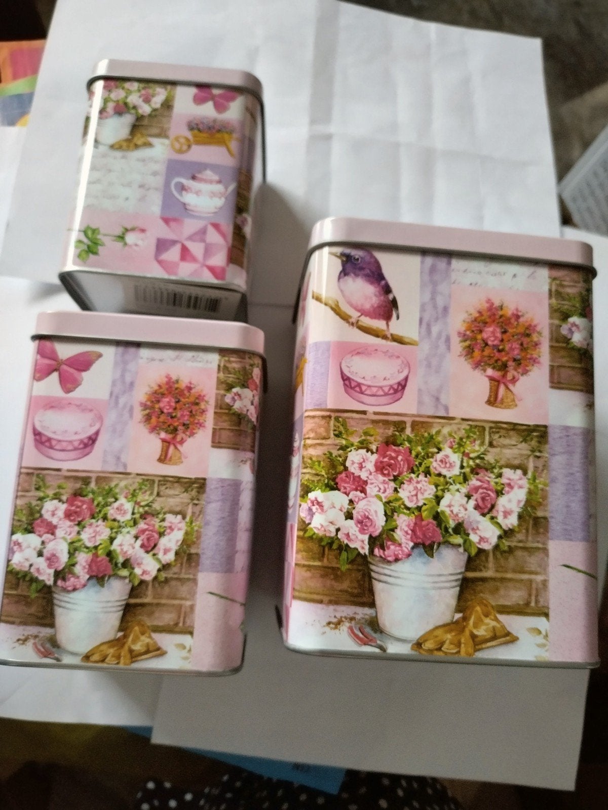 Set van 3 decoratieve blikken met bloemenprint, Verzamelen, Blikken, Ophalen of Verzenden, Gebruikt, Overige, Overige merken