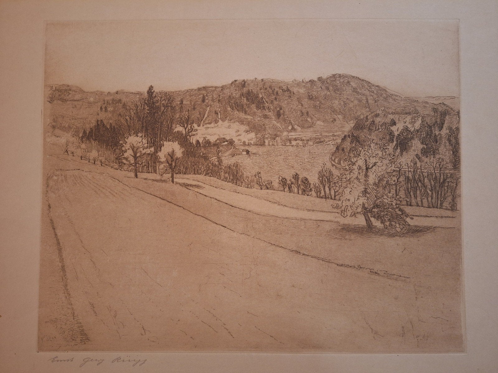 Ets van Ernst Ruegg: Rustiek Landschap, Ets, Ophalen of Verzenden, Gesigneerd, Landschap