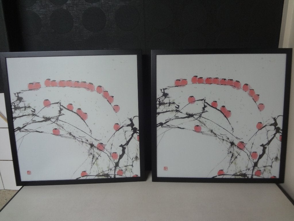 Twee bijpassende schilderijen met vogels, afmeting 53x53 cm, Minder dan 50 cm, Verzenden, Zo goed als nieuw, Schilderij