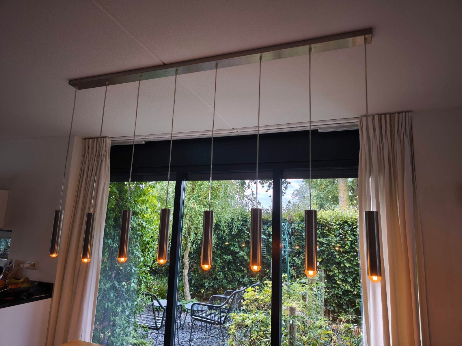 Moderne hanglamp met 8 rvs spots, geborsteld metaal 170cm br, Ophalen, Overige fittingen, Zo goed als nieuw, Metaal