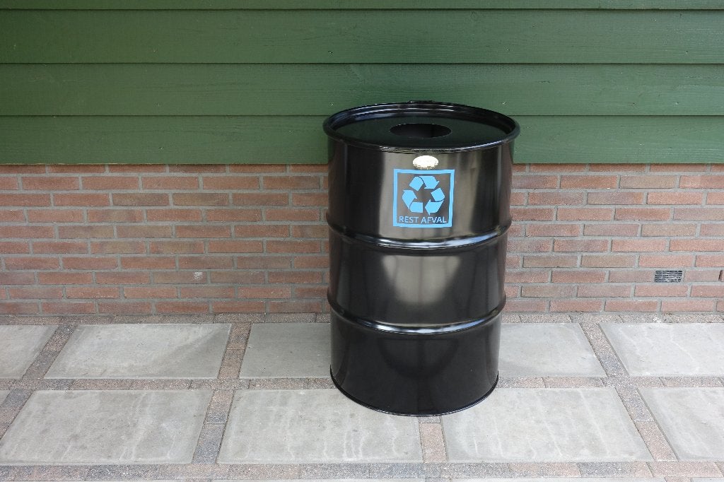 Afvalbak, grote stalen afval ton met logo en deksel, KIJK NU, Ophalen, Nieuw, 40 liter of meer, 75 – 100