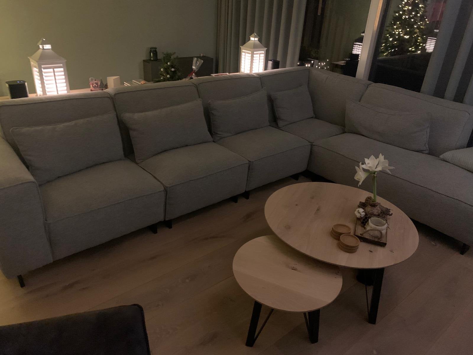 Compl set: ronde eettafel + 6 fauteuils + evt 2 salontafels