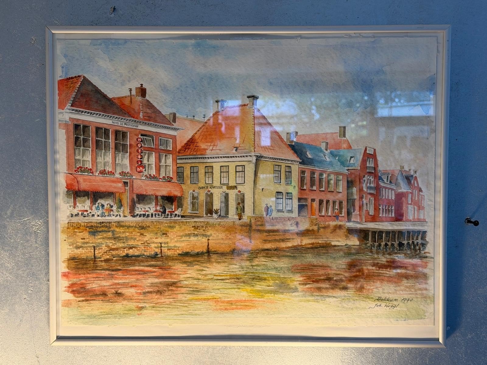 Sfeervolle Aquarel Dokkum 1990 - Gesigneerd, Antiek en Kunst, Ophalen of Verzenden