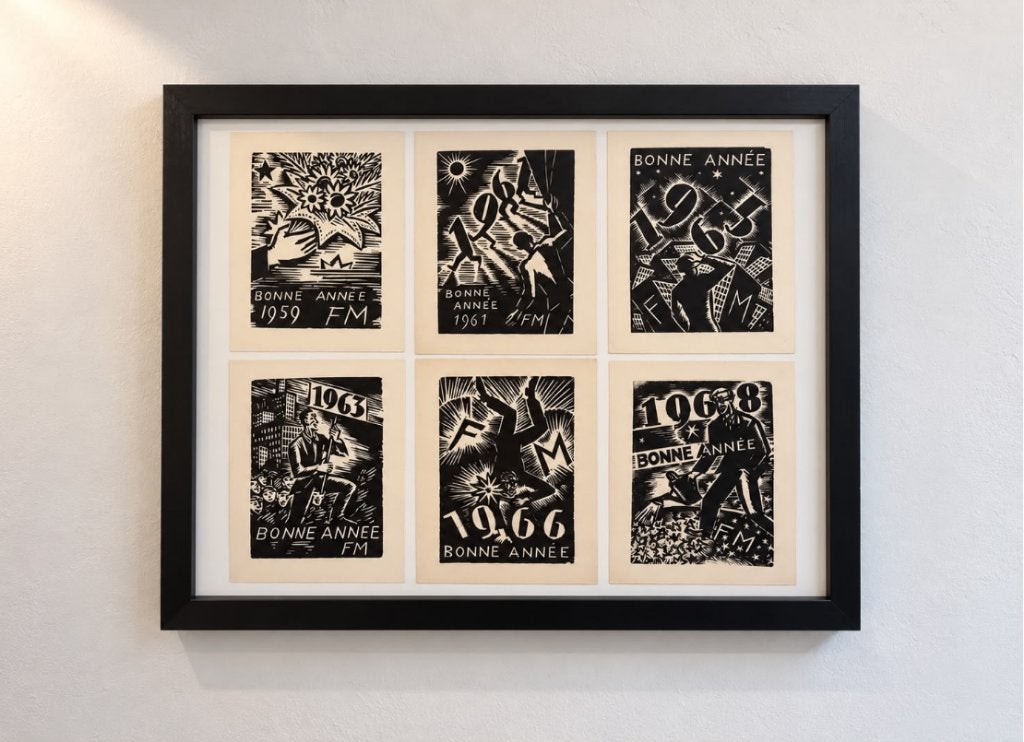 Frans Masereel – 6 originele nieuwjaarskaarten, 10 cm, Dagelijks leven, 1950 - 1999, Ophalen of Verzenden