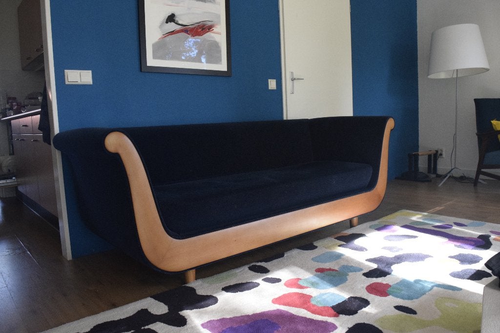 Molteni Primafila bank, prachtig donkerblauw, zeer elegant, Ophalen, Hout, 150 tot 200 cm, Driepersoons